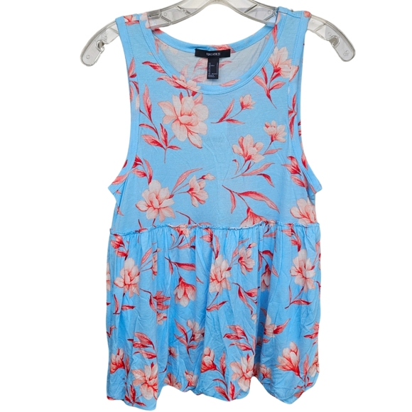 Forever 21 Tank Top Small Blue Floral Bubble Flared Knit Summer Sleeveless - Picture 1 of 7